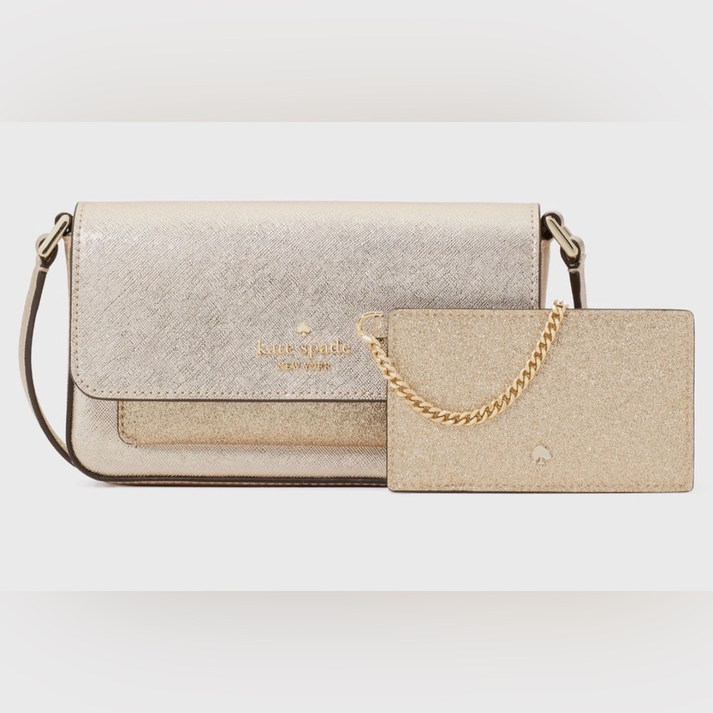 Kate Spade Glimmer Crossbody Duo Gold Bag Wallet Chain‎ Purse Handbag Glitter